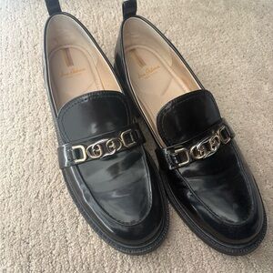 Sam Edelman Black Leather Loafers with Gold Buckle